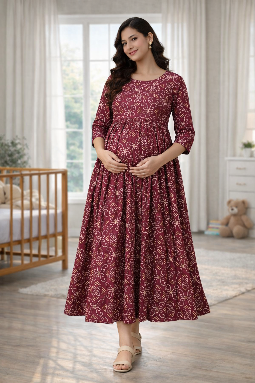 Maroon Maternity Feeding Dress with Double Side Zip