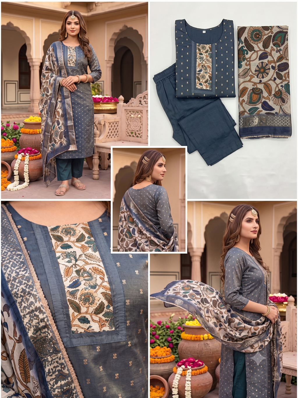 Gauuri Creation Soft Tissue Stitched Salwar Suit with Kalamkari Print Shawl - Navy Blue