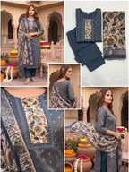 Gauuri Creation Soft Tissue Stitched Salwar Suit with Kalamkari Print Shawl - Navy Blue