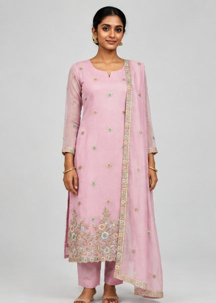 Chanderi Stitched Salwar Suit Set with Shawl & Lining