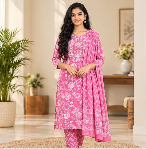 Pure Cotton Stitched Salwar Suit with Shawl - Round Neck