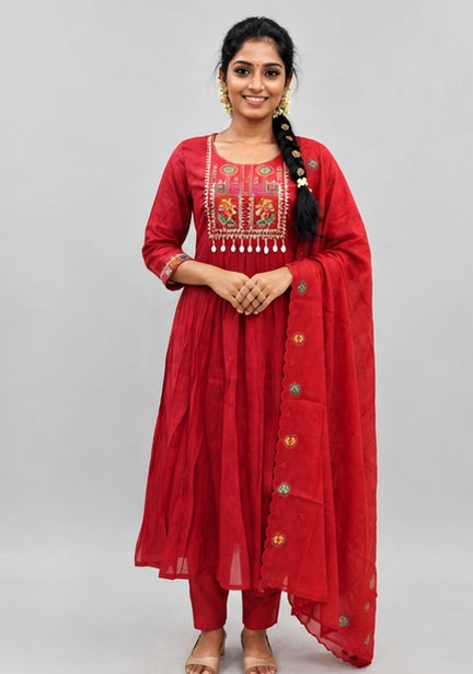 Mul Chanderi Stitched Umbrella Salwar Suit Set with Shawl & Lining
