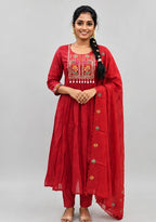 Mul Chanderi Stitched Umbrella Salwar Suit Set with Shawl & Lining