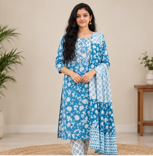Pure Cotton Stitched Salwar Suit with Shawl - Round Neck