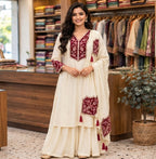 Muslin Slub Stitched Umbrella Salwar Suit with Palazzo & Shawl - Embroidered V Neck