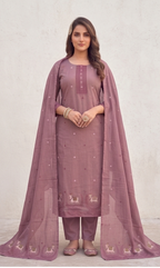 Mauve Chanderi cotton stitched salwar suit with embroidered yoke and border shawl