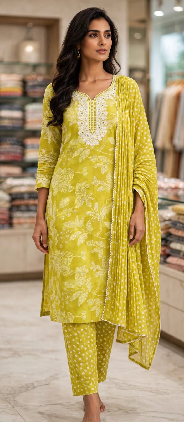 Cotton blend stitched salwar suit with notch neck, straight cut trousers, and 2.5m shawl