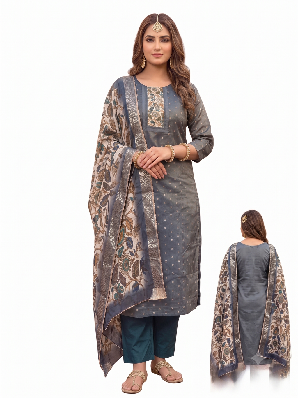 Gauuri Creation Soft Tissue Stitched Salwar Suit with Kalamkari Print Shawl - Navy Blue