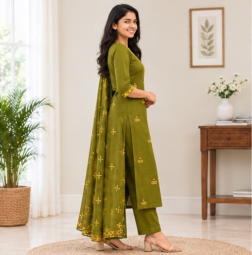 Pure Cotton Stitched Salwar Suit with Palazzo & Shawl