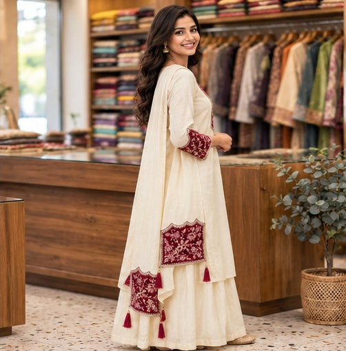 Muslin Slub Stitched Umbrella Salwar Suit with Palazzo & Shawl - Embroidered V Neck