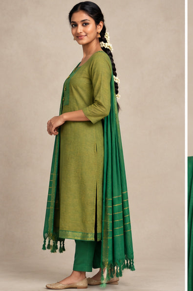 Chettinad Cotton Stitched Salwar Suit Set with Lining - V-Neck