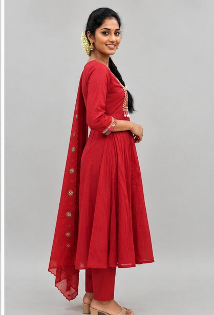 Mul Chanderi Stitched Umbrella Salwar Suit Set with Shawl & Lining