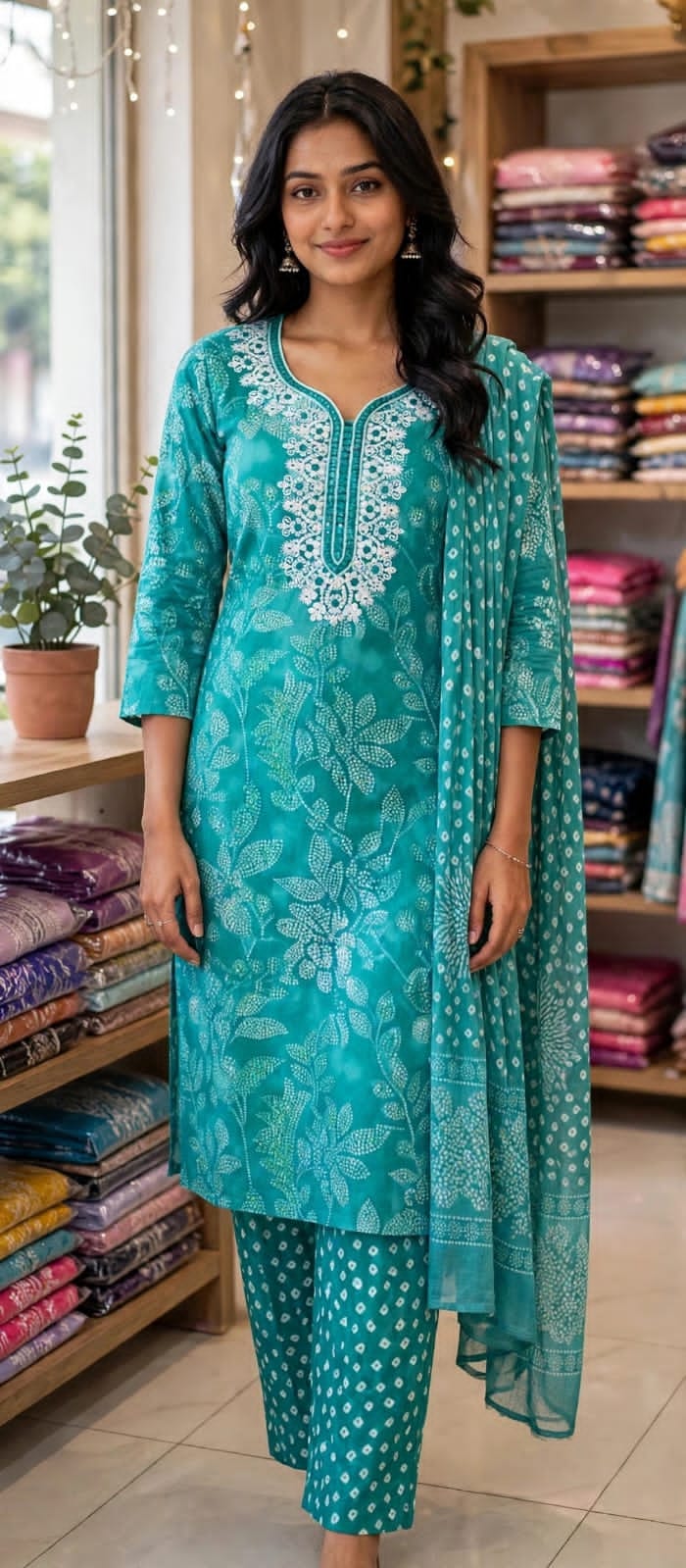 Cotton blend stitched salwar suit with notch neck, straight cut trousers, and 2.5m shawl