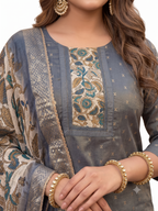 Gauuri Creation Soft Tissue Stitched Salwar Suit with Kalamkari Print Shawl - Navy Blue