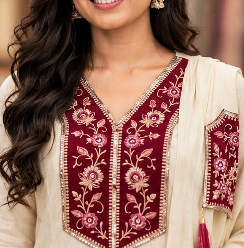 Muslin Slub Stitched Umbrella Salwar Suit with Palazzo & Shawl - Embroidered V Neck
