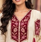 Muslin Slub Stitched Umbrella Salwar Suit with Palazzo & Shawl - Embroidered V Neck