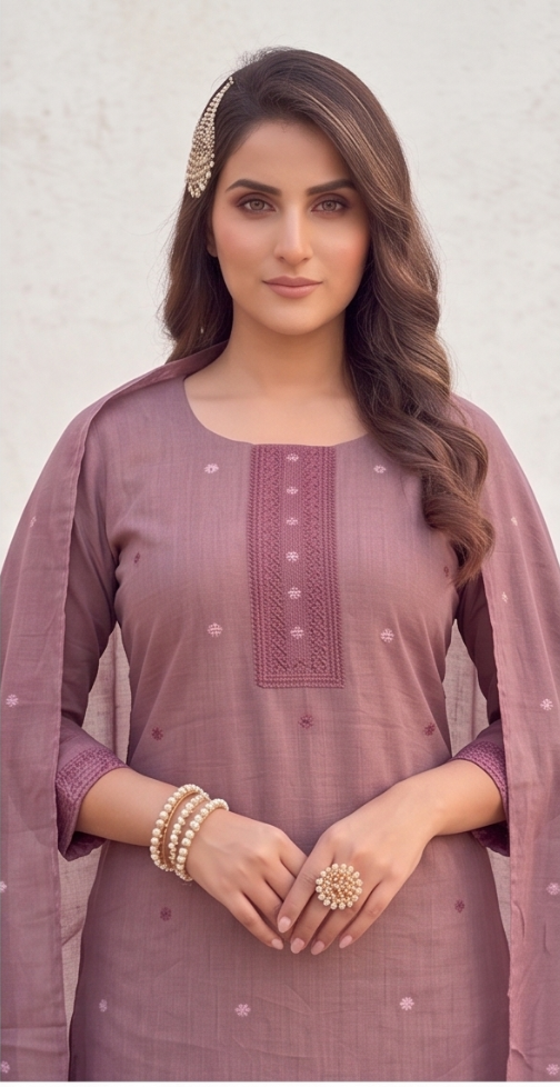 Chanderi Cotton Stitched Salwar Suit with Shawl & Lining - Mauve