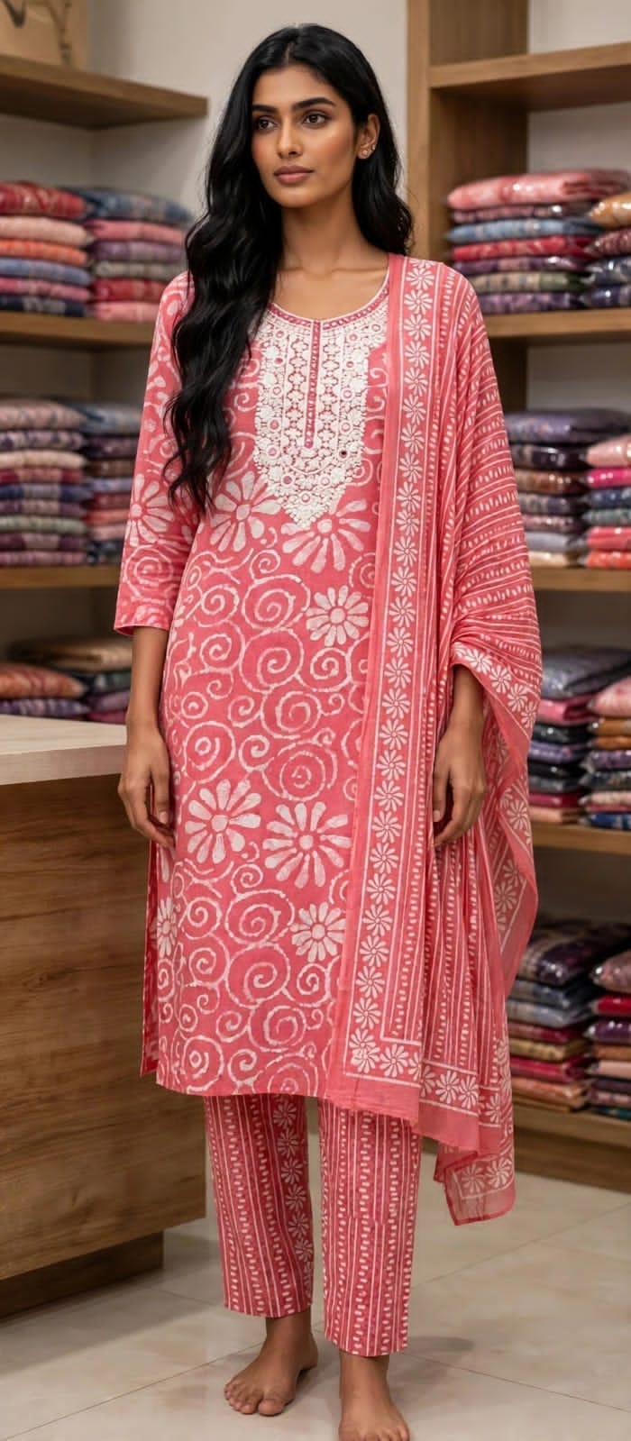 Cotton blend stitched salwar suit with notch neck, straight cut trousers, and 2.5m shawl
