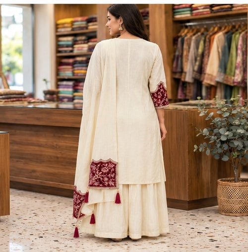 Muslin Slub Stitched Umbrella Salwar Suit with Palazzo & Shawl - Embroidered V Neck