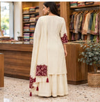 Muslin Slub Stitched Umbrella Salwar Suit with Palazzo & Shawl - Embroidered V Neck