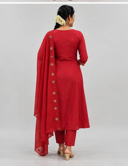 Mul Chanderi Stitched Umbrella Salwar Suit Set with Shawl & Lining