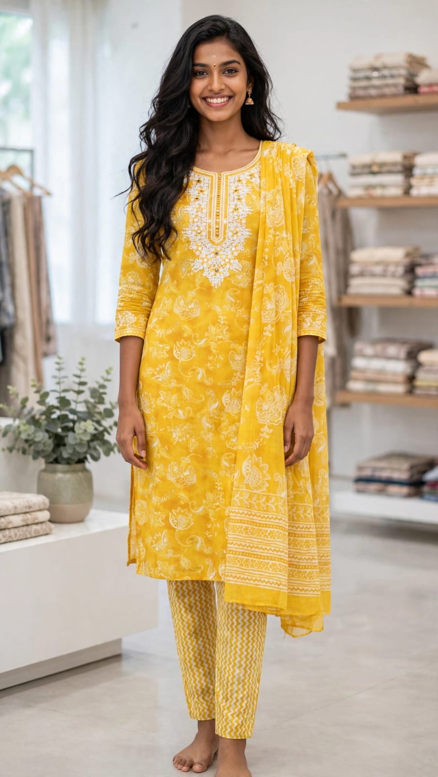 Cotton blend stitched salwar suit with notch neck, straight cut trousers, and 2.5m shawl