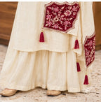 Muslin Slub Stitched Umbrella Salwar Suit with Palazzo & Shawl - Embroidered V Neck