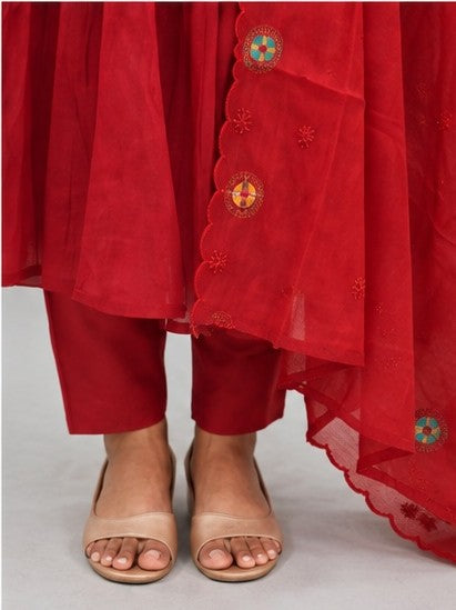 Mul Chanderi Stitched Umbrella Salwar Suit Set with Shawl & Lining