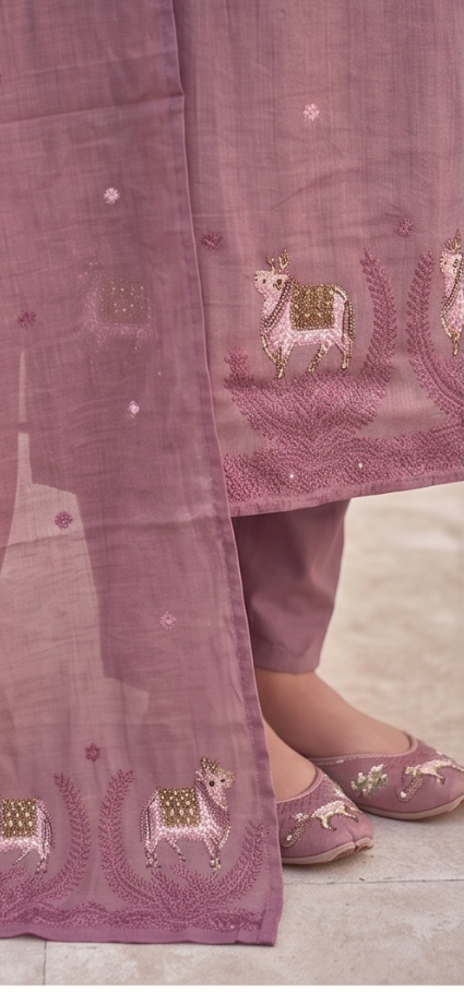 Chanderi Cotton Stitched Salwar Suit with Shawl & Lining - Mauve