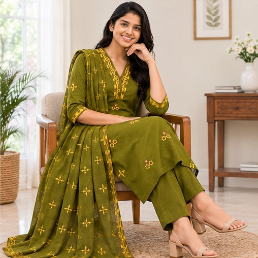 Pure Cotton Stitched Salwar Suit with Palazzo & Shawl