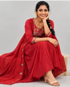 Mul Chanderi Stitched Umbrella Salwar Suit Set with Shawl & Lining