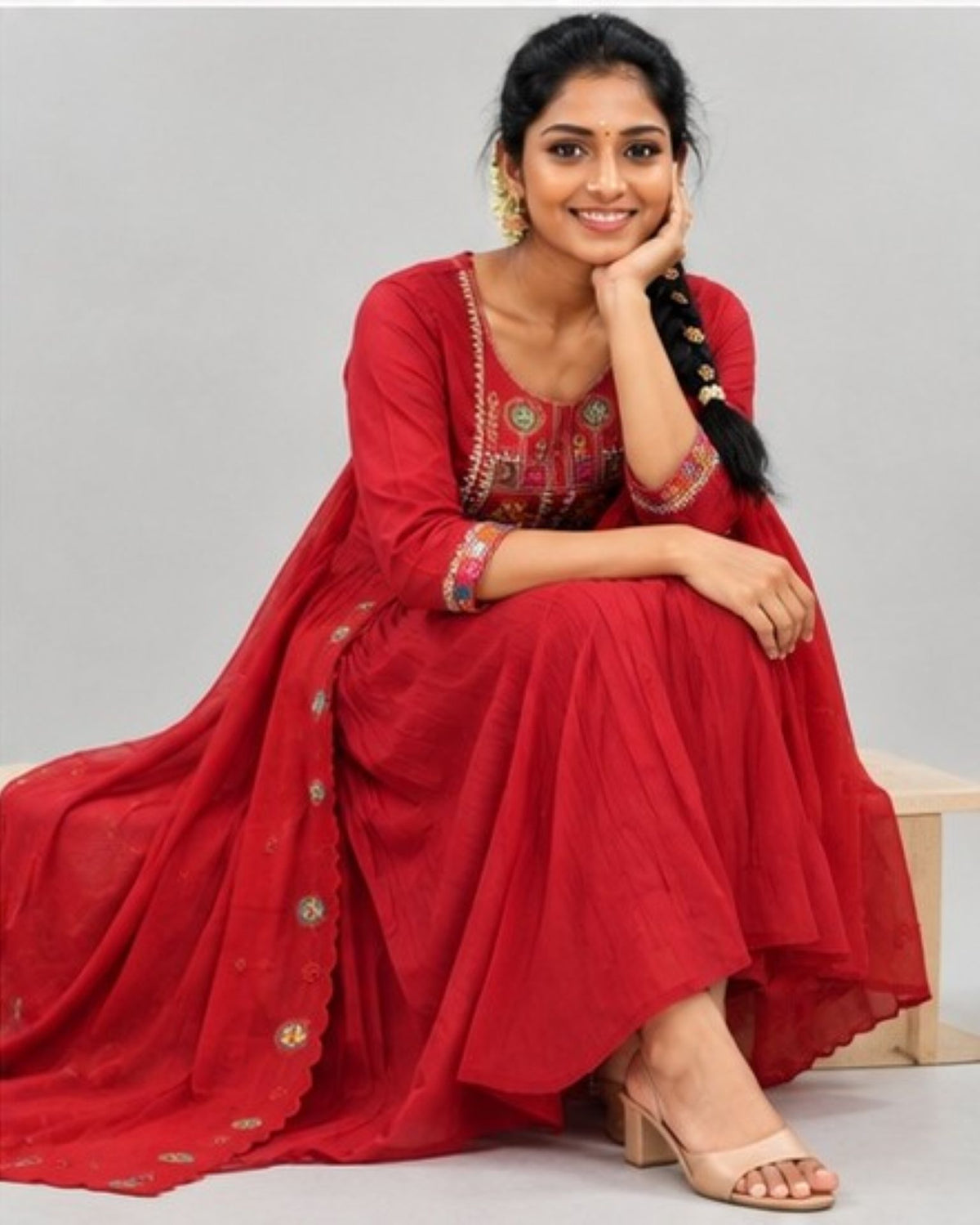 Mul Chanderi Stitched Umbrella Salwar Suit Set with Shawl & Lining