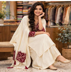 Muslin Slub Stitched Umbrella Salwar Suit with Palazzo & Shawl - Embroidered V Neck