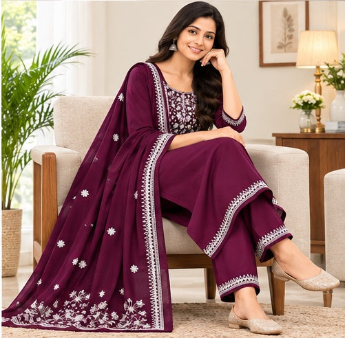 Pure Cotton Stitched Salwar Suit with Palazzo & Shawl