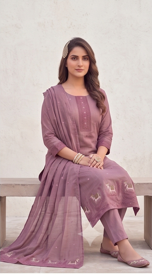 Chanderi Cotton Stitched Salwar Suit with Shawl & Lining - Mauve