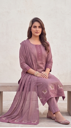 Chanderi Cotton Stitched Salwar Suit with Shawl & Lining - Mauve