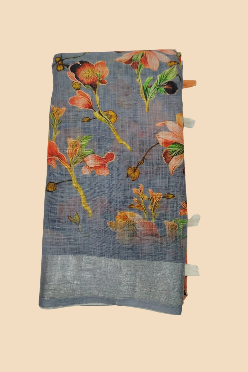 Grey Linen Cotton Floral Print Saree with Silver Border