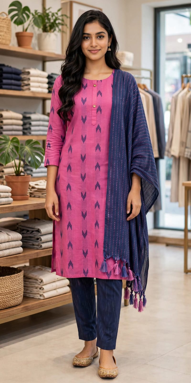 Ikat Cotton Stitched Salwar Suit Set with Shawl