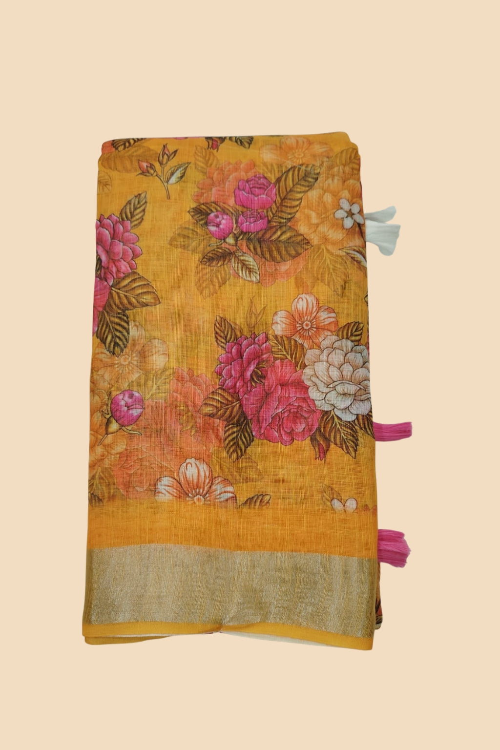 Mustard Yellow Linen Cotton Saree with Vibrant Floral Print & Golden Border