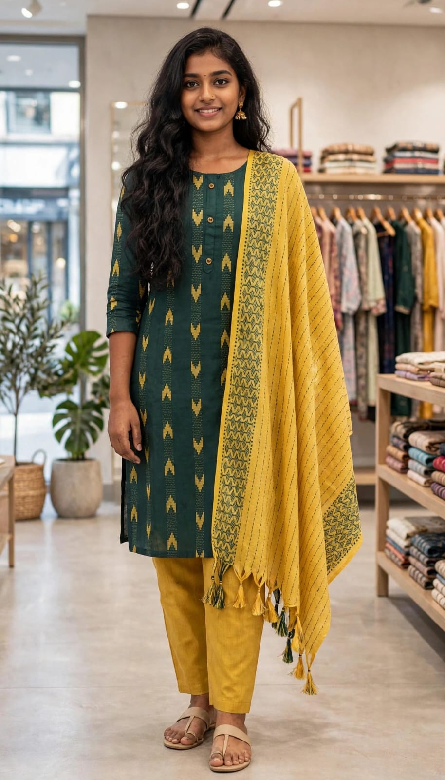 Ikat Cotton Stitched Salwar Suit Set with Shawl