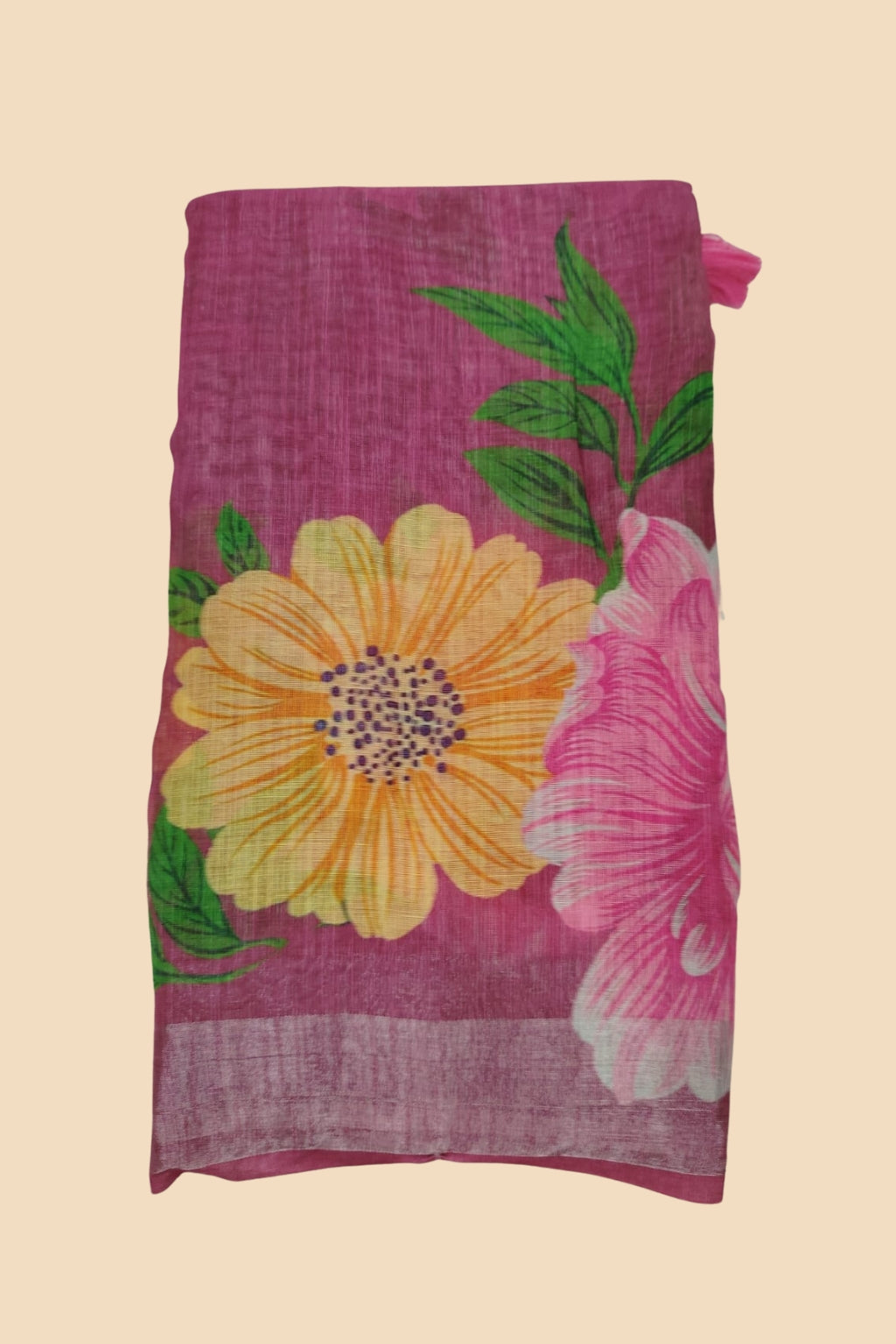 Magenta Linen Cotton Floral Print Saree with Contrast Border