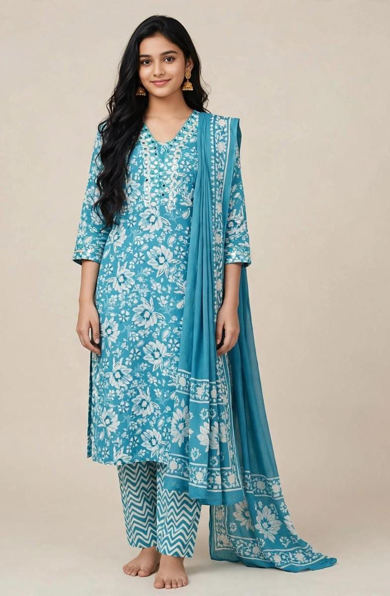 Cotton Blend Floral Stitched Salwar Suit Set with Shawl - V Neck