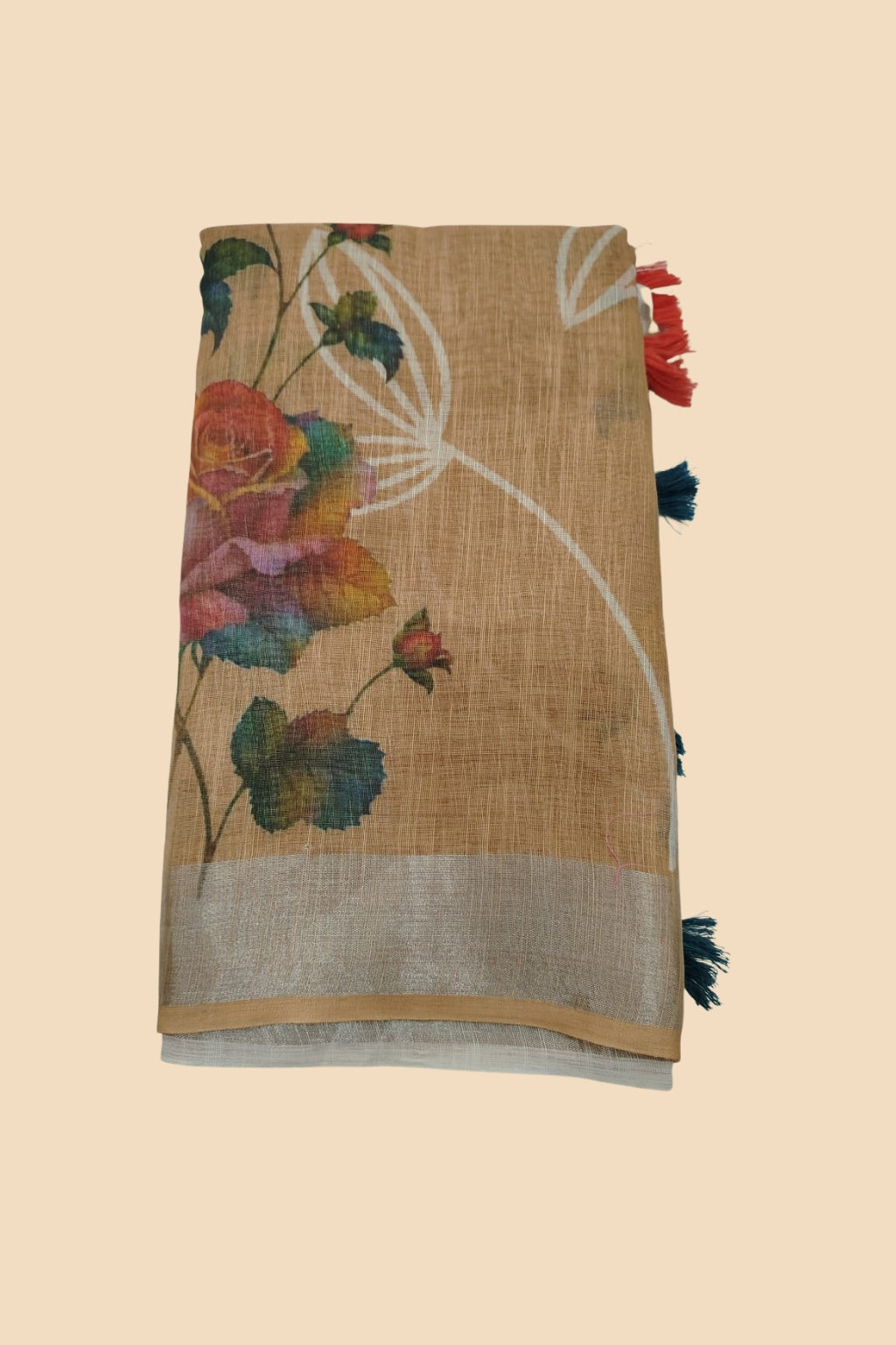 Beige Linen Cotton Floral Print Saree with Silver Border
