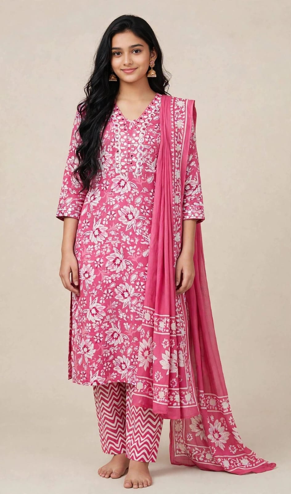 Cotton Blend Floral Stitched Salwar Suit Set with Shawl - V Neck