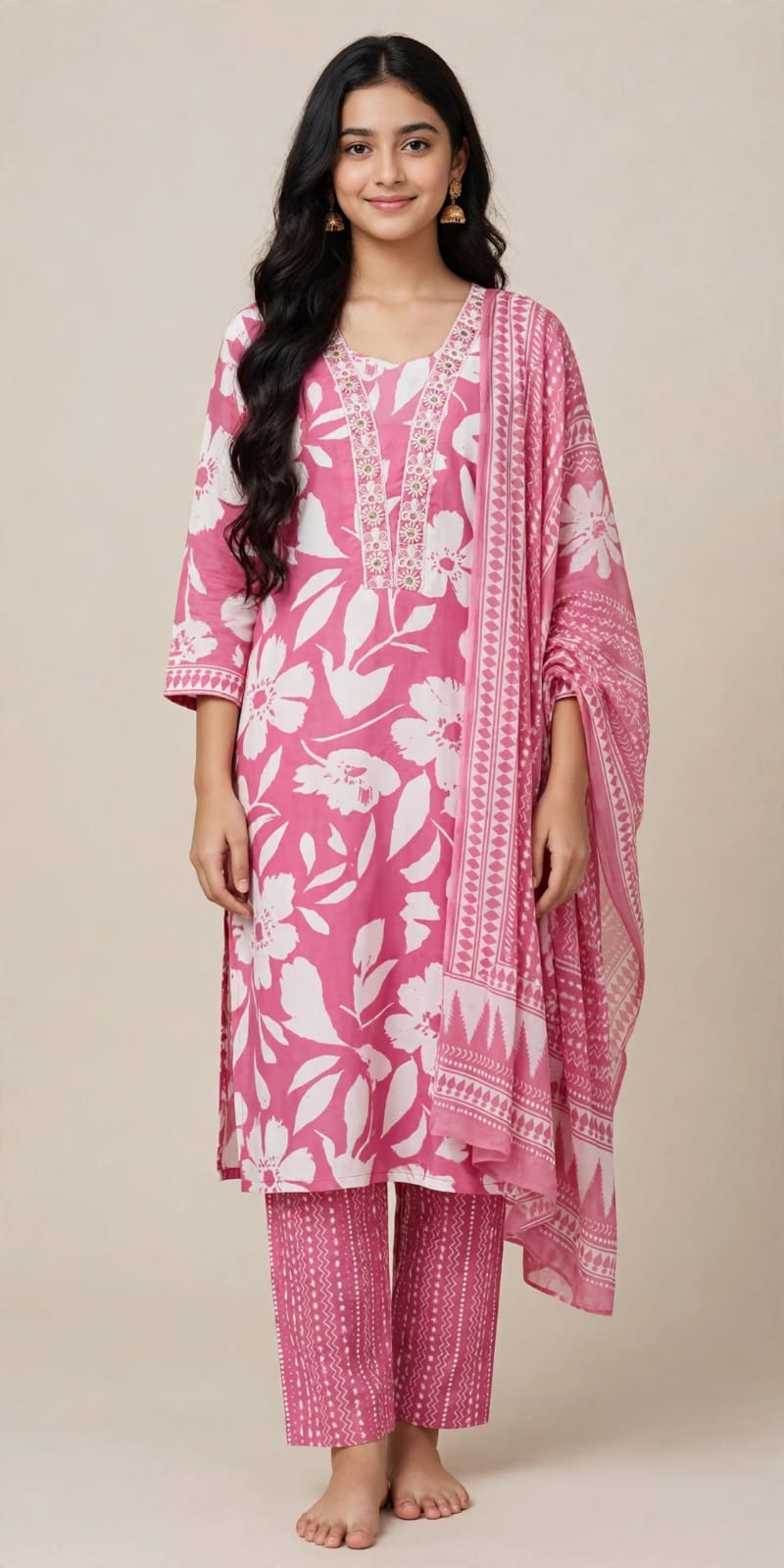 Cotton Blend Floral Stitched Salwar Suit Set with Shawl - V Neck