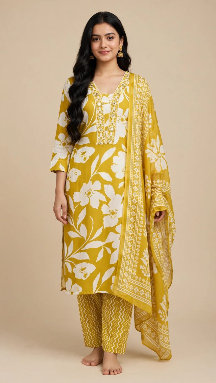 Cotton Blend Floral Stitched Salwar Suit Set with Shawl - V Neck