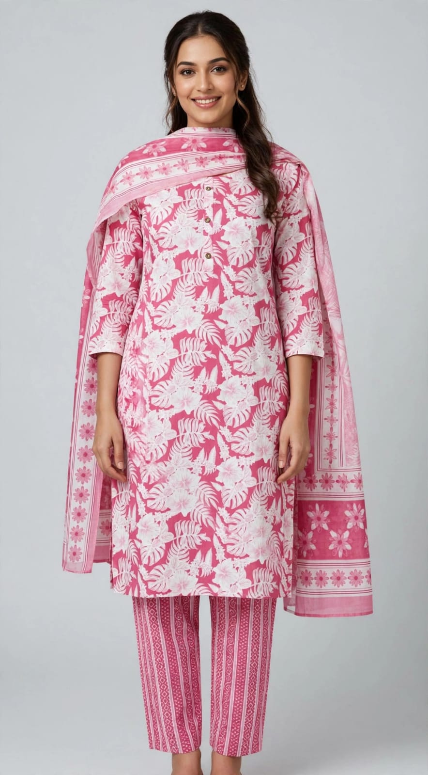 Cotton Blend Floral Stitched Salwar Suit Set with Shawl - V Neck