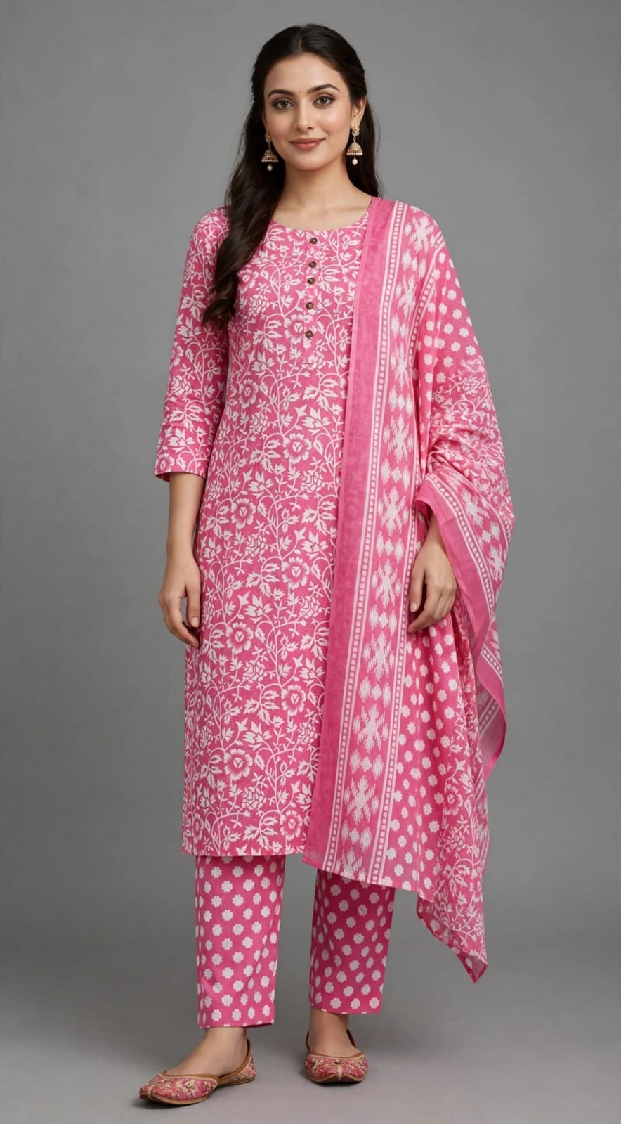 Cotton Blend Floral Stitched Salwar Suit Set with Shawl - V Neck