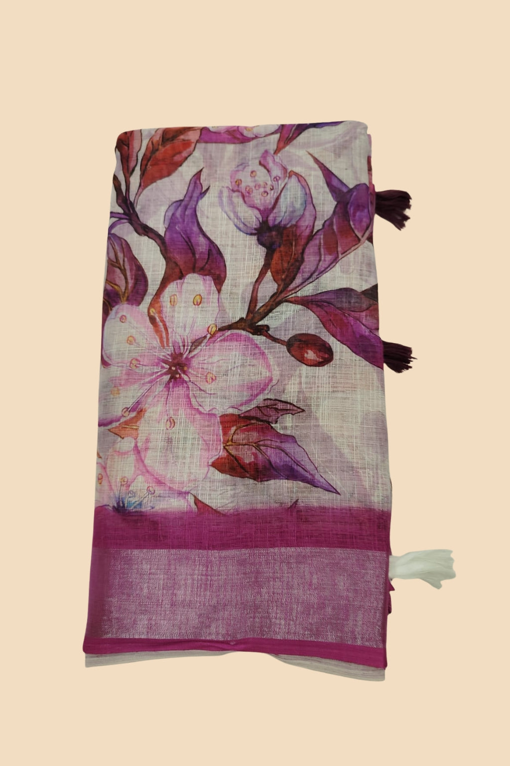 Pink Linen Cotton Floral Digital Print Saree with Contrast Border