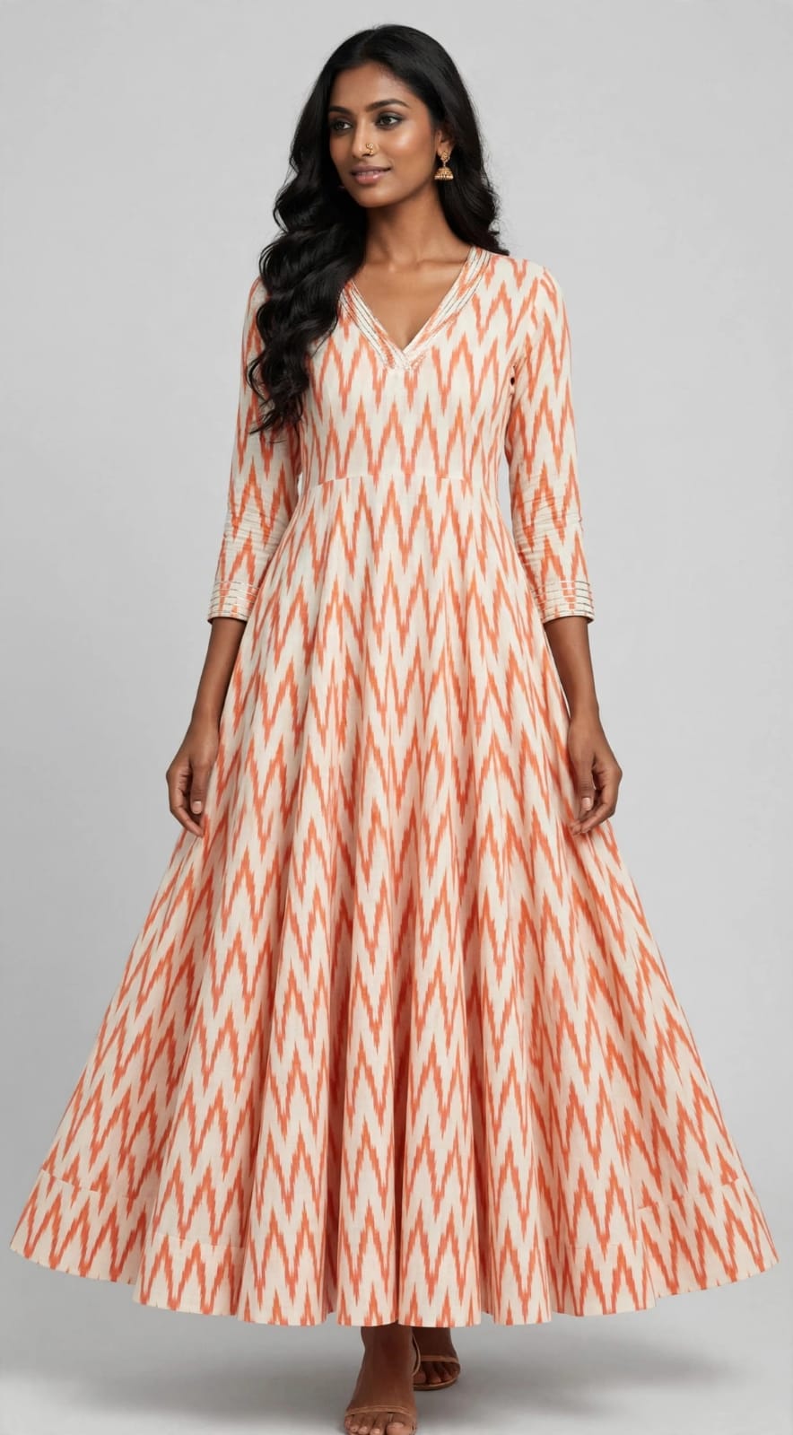 Ikkat Cotton Stitched A-Line Panel Cut Anarkali Kurta